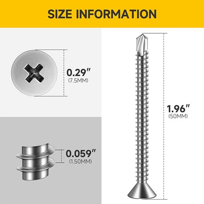 Mywish (150Pcs) #8 x 2 Self Tapping Screws, Flat Phillips Head Sheet Metal Screws, Tek Self Drilling Mouting Screw for Metal Plastic Wood, Fast Tapping, 410 Stainless Steel - size: #8 x 2"