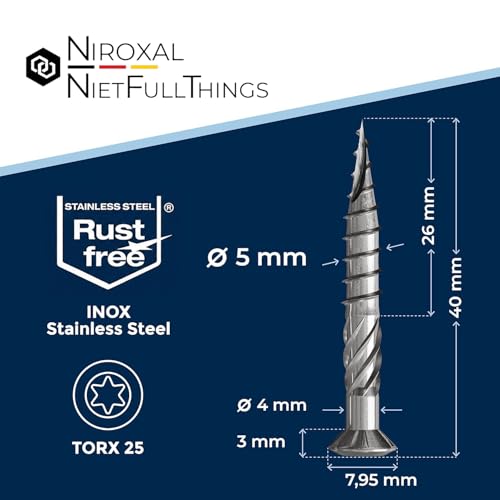 #10-1-5/8" | 25 Piece Deck Screws 5 x 40 mm | Perfect for 16 mm Panels | Hardened C1 Stainless Steel | Torx 25 | Exterior Rust Resistant Wood Screws - size: 40 mm ≈ 1.57 in