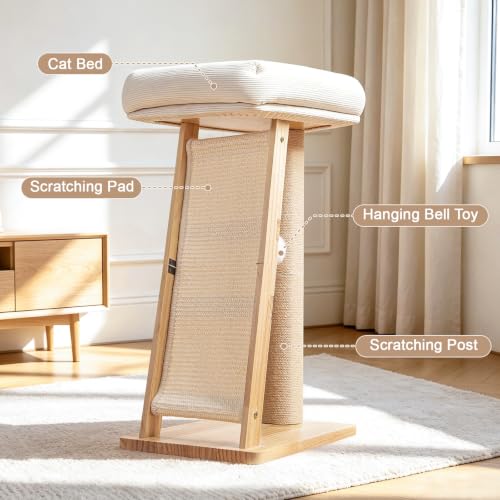 27.5" 3-in-1 Natural Pine Wood Cat Scratching Post for Small Medium Cats - size: Medium