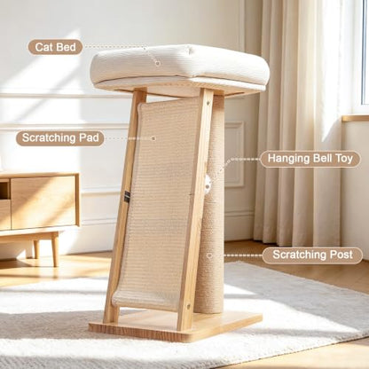 27.5" 3-in-1 Natural Pine Wood Cat Scratching Post for Small Medium Cats - size: Medium