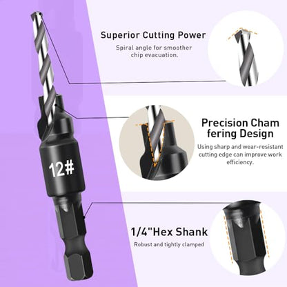 Countersink Drill Bit Set, 5 Piece Woodworking Chamfered Set with 1/4 Inch Hex Shank Compatible with Dremel Rotary Tool, Counter Sinker Tools for Hole Drilling, 2 Piece Wood Plug Cutter with L-Wrench