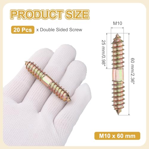MECCANIXITY 20 Pcs Double Ended Screws, M10 x 60 mm Carbon Steel Hanger Bolts, Self-Tapping Wood Dowel Screws for Wood Joint Furniture, Color Zinc - size: M10 x 60 mm