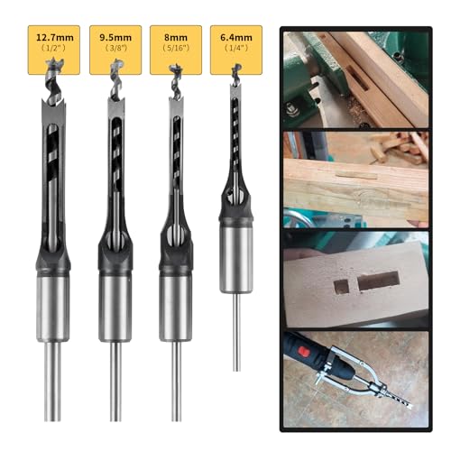Square Hole Drill Bit Adapter with 4pcs Square Hole Drill Bit, Mortising Attachment for Drill Press, Mortise Machine, Power Tool Accessory for Drill Machines