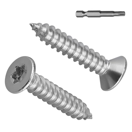 #10 x 1 Torx Flat Head Sheet Metal Screws, 304 Stainless Steel Countersunk Head Self Tapping Screws, Pack of 100 with Torx Bit - size: #10 x 1