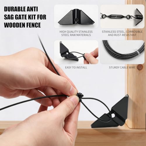 Anti Sag Gate Kit for Wooden Fence, Gate Tensioner Cable Kit, Black Zinc