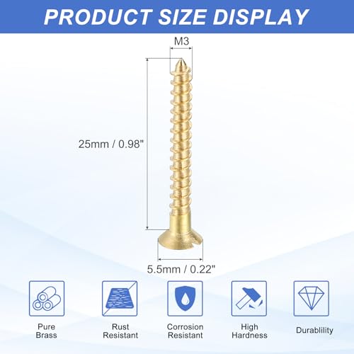 MECCANIXITY 20 Pcs Brass Screws, M3 x 25mm Solid Slotted Drive Flat Head Self-Tapping Wood Screw Fasteners for Woodworking Furniture Repair Photo Frame Drywall Home Appliances, Gold - size: M3 x 25mm