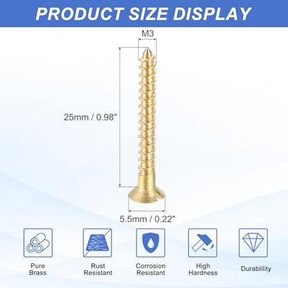 MECCANIXITY 20 Pcs Brass Screws, M3 x 25mm Solid Slotted Drive Flat Head Self-Tapping Wood Screw Fasteners for Woodworking Furniture Repair Photo Frame Drywall Home Appliances, Gold - size: M3 x 25mm