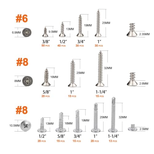 273Pcs Stainless Wood Screws Assortment, 304 Flat & 410 Self Tapping - size: Assortment Kit (273pcs)