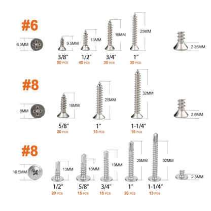 273Pcs Stainless Wood Screws Assortment, 304 Flat & 410 Self Tapping - size: Assortment Kit (273pcs)