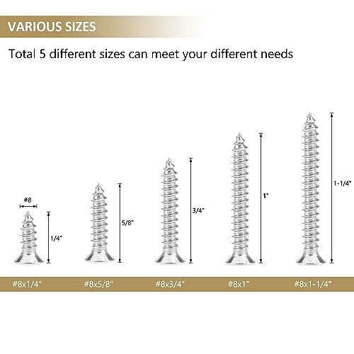 142 Pieces #8 x 1/2" 5/8" 3/4" 1" 1-1/4" Phillips Countersunk Head Self-Tapping Screws, Wood Screws Assortment Kit, 304 Stainless Steel - size: #8