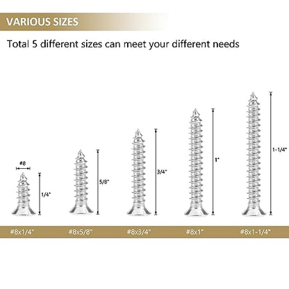 142 Pieces #8 x 1/2" 5/8" 3/4" 1" 1-1/4" Phillips Countersunk Head Self-Tapping Screws, Wood Screws Assortment Kit, 304 Stainless Steel - size: #8