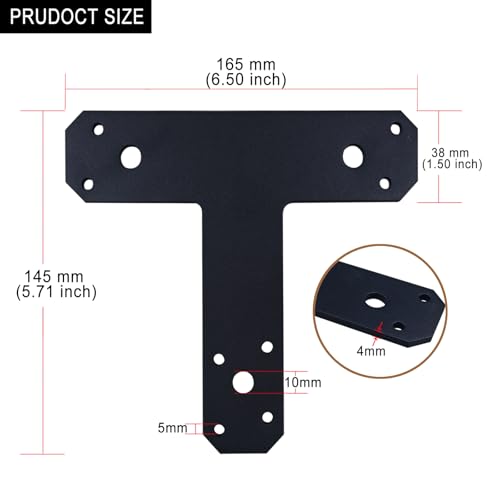 6.5" x 5.7" Post to Beam Bracket, 4Pcs T Post Brackets for Truss Framing, Thickness 4mm T Plate for Repairing Fixing Connecting Mending Plate - Post to Beam Connectors