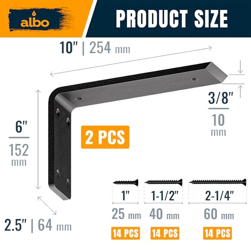 ALBO 10" Heavy Duty Countertop Support Brackets 2PCS, 600 lb 3/8" Steel – Hidden Knee-Wall Corbel | Matte Black Powder-Coated L Brackets Incl Screws & Anchors for Quartz Granite Wood Concrete Laminate - size: 10 Inch, style: Standard Duty