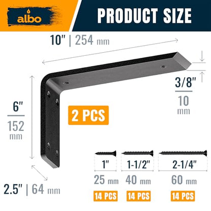 ALBO 10" Heavy Duty Countertop Support Brackets 2PCS, 600 lb 3/8" Steel – Hidden Knee-Wall Corbel | Matte Black Powder-Coated L Brackets Incl Screws & Anchors for Quartz Granite Wood Concrete Laminate - size: 10 Inch, style: Standard Duty