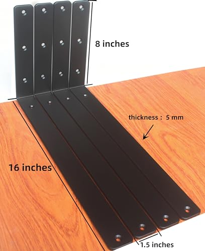 6 Pack - L 16" x H 8" x W1.5, 5mm Thick Black L Shelf Bracket, Iron Shelf Brackets, Metal Shelf Brackets, Floating Shelf, Shelf Supports with Screws - size: 16''x8'', style: Black 6 Pack