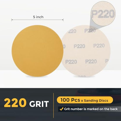 HARFINGTON 100 Pcs 5 Inch Sanding Discs 220 Grit Yellow Aluminum Oxide - size: 5 Inch(220 Grit)