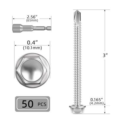 #10 x 3 (50 PCS) Sheet Metal Screws, Hex Washer Head Self Drilling Screw, 410 Stainless Steel Flanged Fast Self Tapping Screws - size: #10 x 3"