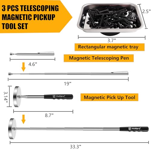 Mulwark 3pcs Telescoping Magnetic Pickup Tool Set with Pull Force, Magnet Stick Extendable up to 33.3in, Telescopic Magnetic Pick-Up Tool with Magnetic Pickup Pen, Rust-Proof Magnetic Tray (Large) - size: Large