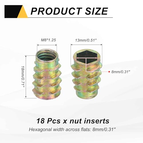 MECCANIXITY 18 Pcs Threaded Inserts for Wood, Zinc Alloy M8 Thread Inserts Nuts Hex-Flush Socket Drive Screw 18mm Length for Furniture, Cabinet, Tables and Chairs - size: M8x18mm