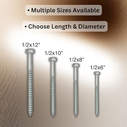 1/2 in x 10 in Hot Dip Galvanized Lag Bolts – Heavy-Duty Hex Head Structural Screws for Decks, Posts & Timber Framing | A307 Steel | Exterior Wood Fasteners | 10-Pack - size: 1/2" x 10"