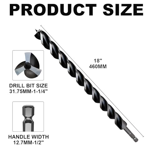 1-1/4"×18" Professional Auger Drill Bit for Wood with Quick Change 1/2" Hex Shank- 3-Cutter Design with Dual-Flute for Fast Chip Removal, Fits Hardwood, Softwood, PVC, Drywall & Tree Stumps - size: 1-1/4"×18"
