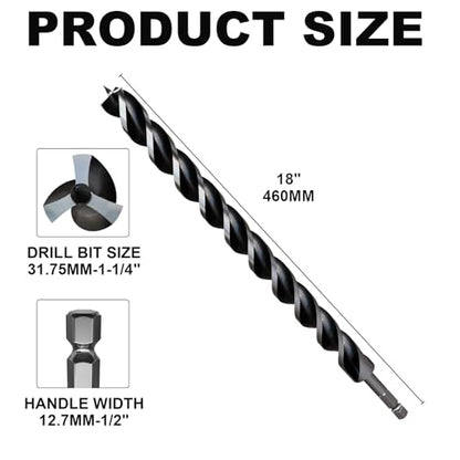 1-1/4"×18" Professional Auger Drill Bit for Wood with Quick Change 1/2" Hex Shank- 3-Cutter Design with Dual-Flute for Fast Chip Removal, Fits Hardwood, Softwood, PVC, Drywall & Tree Stumps - size: 1-1/4"×18"