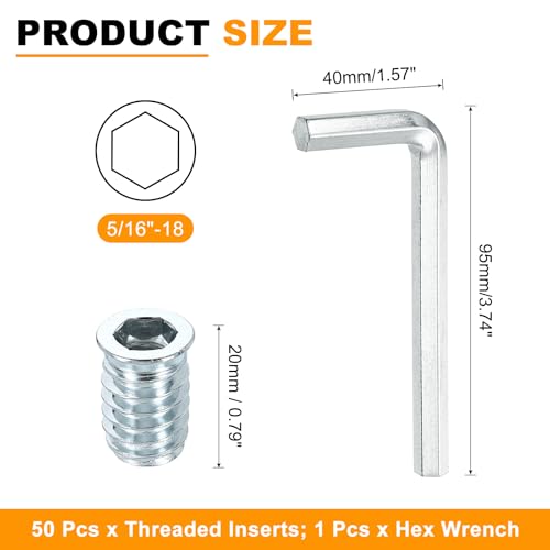 uxcell 50 Pcs Threaded Insert for Wood, 5/16" - 18 Carbon Steel Threaded Studs Hex Socket Drive Nut Inserts Screw in Nut Fastener Connector with Hex Wrench 20mm Length for Home, Silver - size: 5/16"-18x20mm