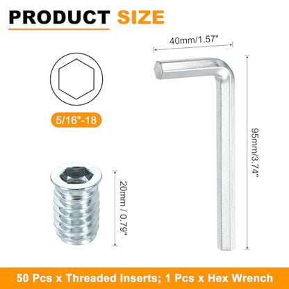 uxcell 50 Pcs Threaded Insert for Wood, 5/16" - 18 Carbon Steel Threaded Studs Hex Socket Drive Nut Inserts Screw in Nut Fastener Connector with Hex Wrench 20mm Length for Home, Silver - size: 5/16"-18x20mm