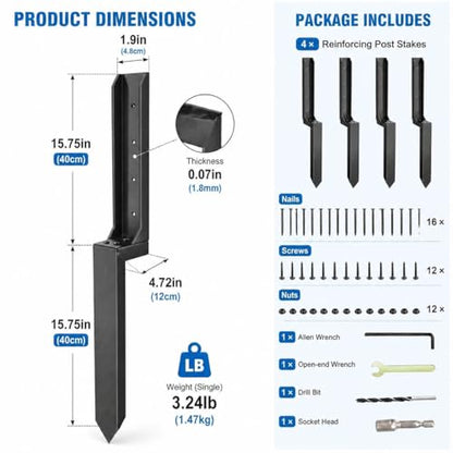 4 Pack Fence Post Repair Kit, No-Dig Spikes for 4x4 Wood Posts