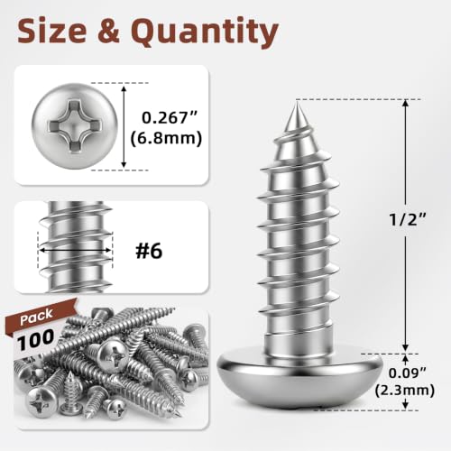 Mellewell #6 x 1/2" Pan Head Self Tapping Screw, Pan Head Sheet Metal Screws Wood Screws, Stainless Steel 304 (18-8), 100 Pack - color: Silver, size: #6 x 1/2"