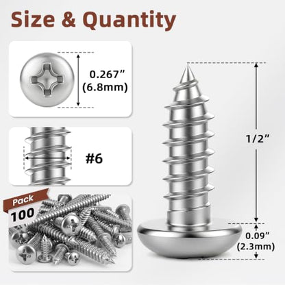 Mellewell #6 x 1/2" Pan Head Self Tapping Screw, Pan Head Sheet Metal Screws Wood Screws, Stainless Steel 304 (18-8), 100 Pack - color: Silver, size: #6 x 1/2"