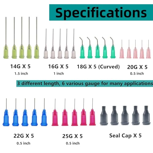 30 pack 1ml, 3ml, 5ml, 10ml, 20ml Glue Dispenser Accessories with14ga,16ga, 18ga, 20ga, 22ga, 25ga Dispensing Accessories and Caps, for Liquid, Glue, Ink, craft making - size: 30 Pack (1ml, 3ml, 5ml, 10ml, 20ml)