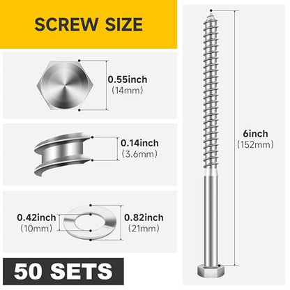 Mywish (50Sets) 3/8" x 6" Lag Bolts, 304 Stainless Steel 3/8 inch Lag Screws Bolts for Wood, Heavy Duty Hex Head with Flat Washers Bolt Kit, Bright Finish - size: 3/8 x 6"