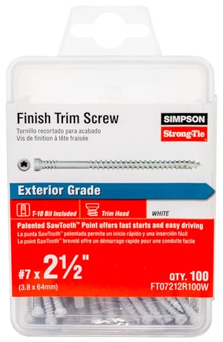 Simpson Strong-Tie FT07212R100W Finish Trim Screw — #7 x 2-1/2 in. T10, Trim-Head, Quik Guard, White (100-Qty)