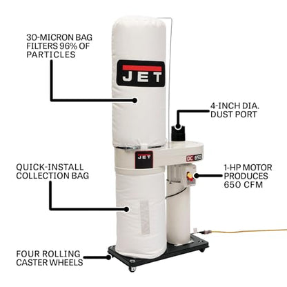 JET Dust Collector, 30-Micron Bag Filter, 1 HP, 115/230V 1Ph (DC-650BK)