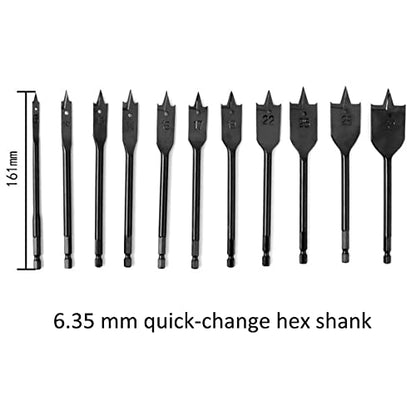 11pc SAE Spade Bits 1/4"-1-1/2" - Flat Wood Boring Set for Fast Drilling
