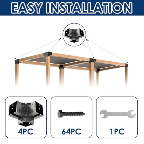 Pergola Bracket Kit 4x4(Inner 3.6"x3.6"), 4pcs 3-Way Right Angle Corner Bracket, Heavy Duty DIY Pergola Kit with Powder Coating, for Gazebos, Patio Pergolas, Log Cabin Outdoor, with Screws - size: 4x4 Corner Brackets 4pcs