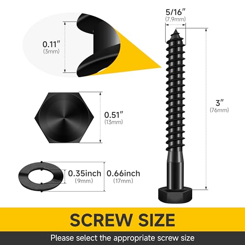 Mywish 12Sets 5/16" x 3" Lag Bolts, Stainless Steel Heavy Duty Hex Head Lag Screws, Construction Black Lag Screws for Wood Working & Outdoor Use with Washers and Hex Socket Drill Bit - size: 5/16" x 3"