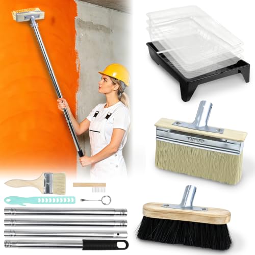 Deck Stain Brush Applicator Kit with 7.5" Stain Brush, 50" Adjustable Extension Pole, 3" Paint Brush, Tray with Liners, Wood Staining Tools for Deck, Fence, Wall, Floor and Furniture