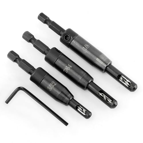 Self Centering Drill Bit Set for 1/4inch Clic-Change, 3pcs CC2430 3/32“, 7/64”, 1/8“ Carbon Steel Quick-Change Sturdy Self Centering Hinge Hex Drill Bit Set, #6 8 10