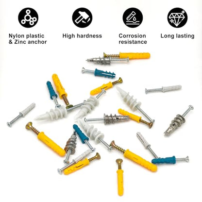 550Pcs Drywall Anchors and Screws Kit,275 Plastic & Heavy Duty Zinc Self-Drilling Anchors and 275 Flat Head Screws,Multiple Sizes Anchors for Drywall Hanging and Mounting