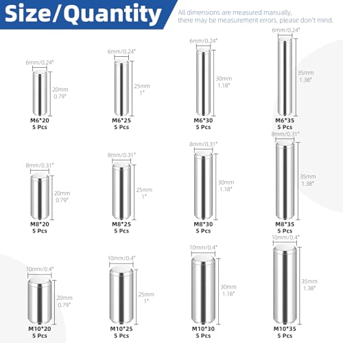 Glarks 60pcs 6/8/10mm Dowel Pins Kit, 12 Sizes 304 Stainless Steel Cylindrical Shelf Support Peg Pin Fasten Elements, Wood Bunk Bed Dowel Pins Shelf Pegs for Cabinet and Furniture Installation - size: M6 M8 M10