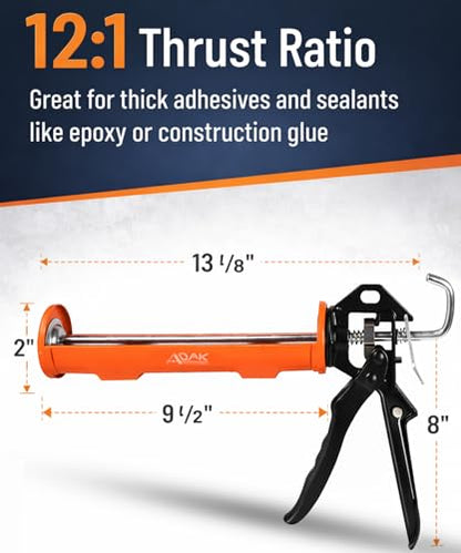 ADAK - Professional Caulking Gun, 12:1 Thrust Ratio, Caulking Gun No Drip, Hand Tool for Silicone & Sealant Application, Smooth Pressure Caulk Gun, Caulking Gun Tool