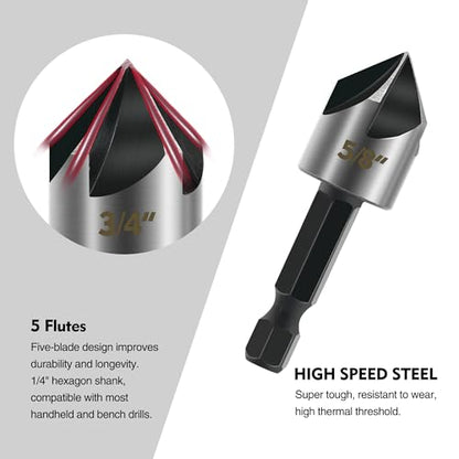 GMTOOLS 5PCS Countersink Drill Bit Set, High Speed Steel Countersink Bits, 82 Degree 5 Flute Pieces, 1/4 Inch Hex Shank, Fit for Sink Holes into Metals, Wood, Plywood, Plastic