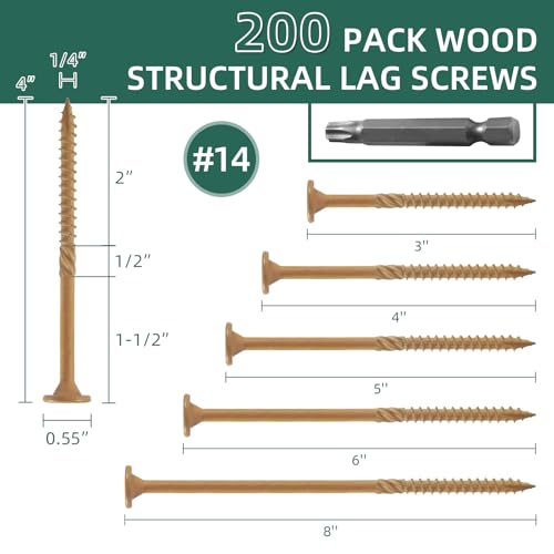 #14 x 4 Lag Screws (200Pcs), Structural Wood Screw, Heavy Duty Exterior Coated Star Drive Lag Screws for Wood, Deck Screws with T30 Star Bit, Washer Head (Yellow) - size: #14 x 4"