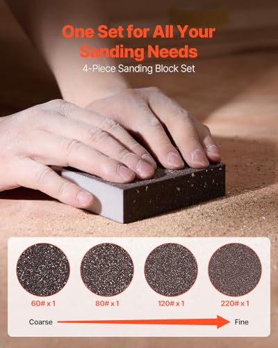VEVOR Sanding Sponge, 4 Pcs, 60/80/120/220 Grit Assortment, Washable and Reusable Sanding Blocks for Dry & Wet Use, Coarse to Fine Sandpaper Blocks, for Polishing Drywall Wood Plastic Metal Furniture