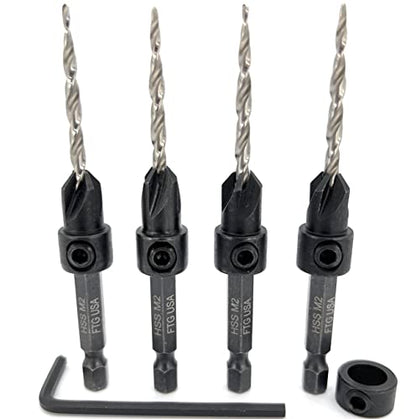 FTG USA #6 (9/64") Wood Countersink Drill Bit 4-Pc Set with 3/8" Depth Stop - size: #6, style: 4 Pc with Depth Stop