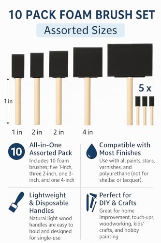 10 Pack Foam Brush Set – Assorted Sizes: 1 inch, 2 inch, 3 inch, 4 inch – Disposable Brushes for Paint, Varnish & Polyurethane – Lightweight Wood Handles