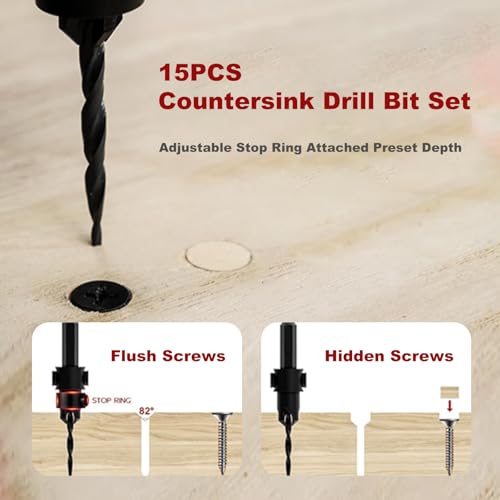 15-Piece Countersink Drill Bit Set, with 2PC Wood Plug Cutters