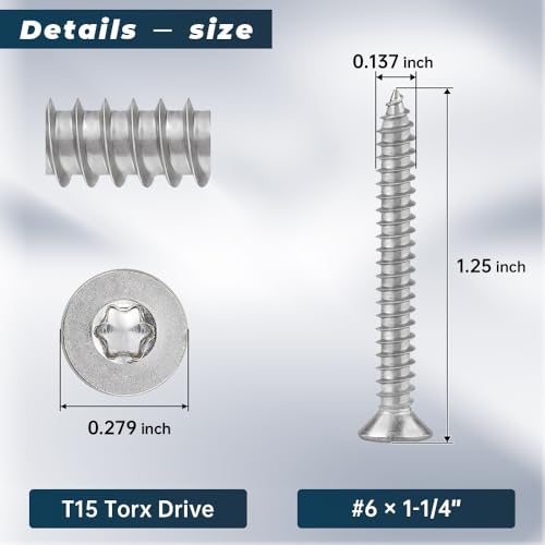 Glvaner 100-pack #6 x 1-1/4" Torx Flat Head Self Tapping Wood Screws, 304 Stainless Steel 18/8, Indoor/Outdoor Use, Includes Torx Bit - size: #6 x 1-1/4